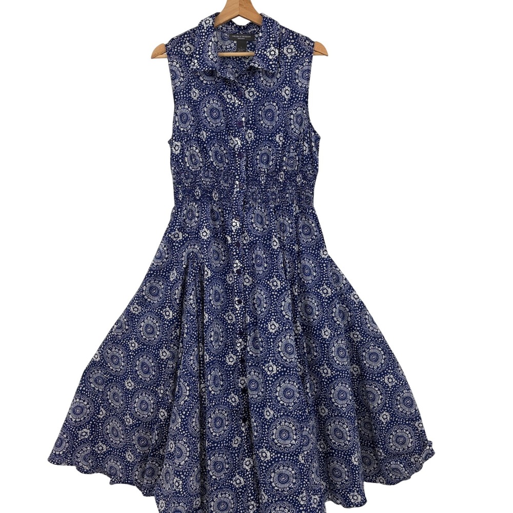 Chelsea & Theodore Shirt Dress Women Large FULL SkirtSleeveless Blue Cotton Midi